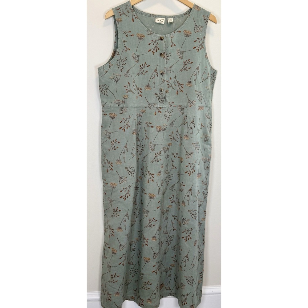 L.L. Bean Women's Linen Blend Sleeveless MIDI Blue/Green Floral Size 12 Tall